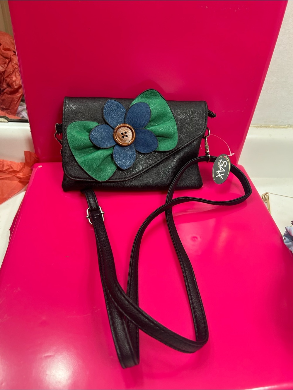 Sax Black Crossbody Bag with Green & Blue Floral Accent - Picture 2 of 5